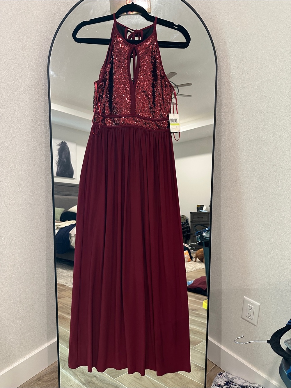 Elegant Burgundy Sequin Halter Prom Dress